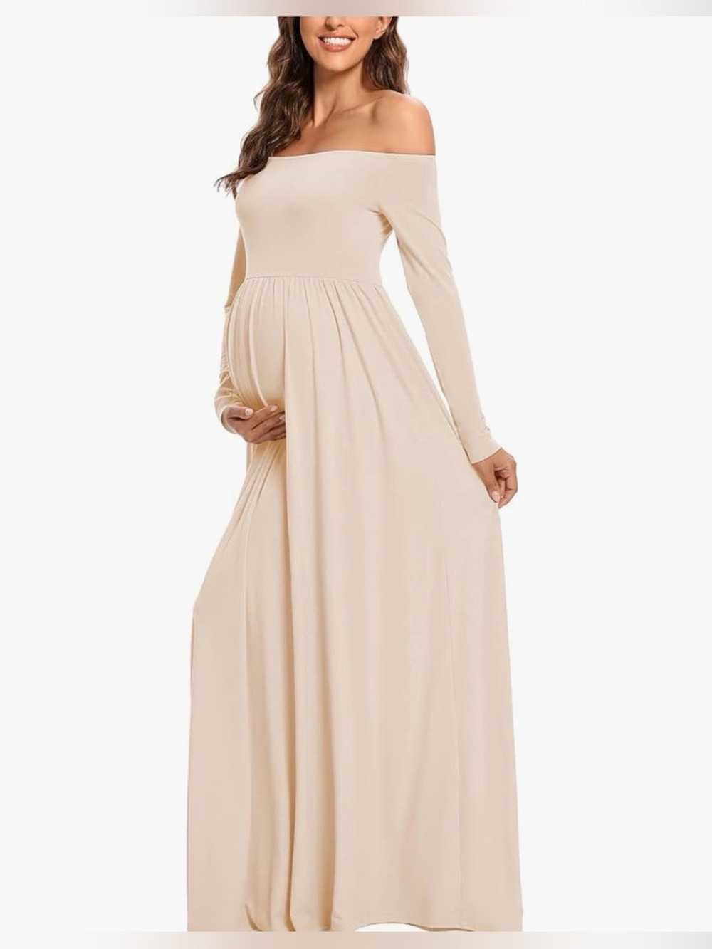 Off-Shoulder Long Sleeve Maternity Maxi Dress - Cream/blush